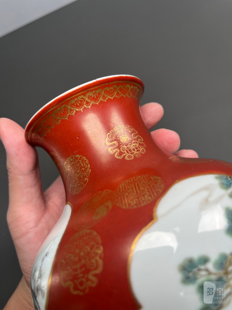 民国  珊瑚红地描金皮球花开光粉彩八仙图大口尊 - 图18